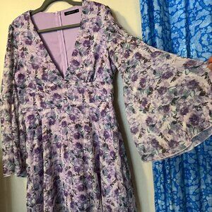 Double Crazy floral sheet bell sleeve deep V party dress
